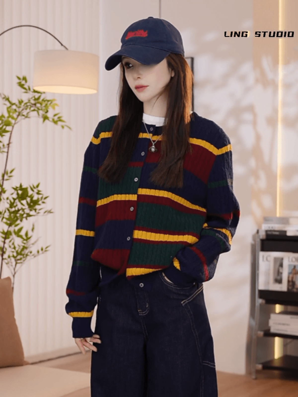 Retro Striped Long Sleeve Knitted Cardigan for Women - Stylish Loose Short Sweater for Fall, Y2K Inspired Fashion