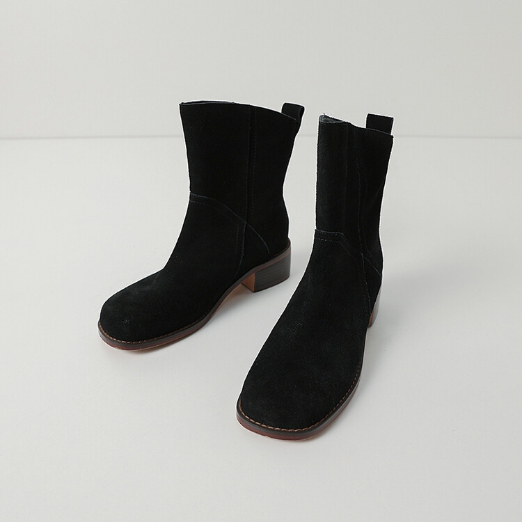 Retro Suede Chunky Low-Heeled Wide-Mouth Short Boots for Women, Round-Toe Martin Style, Genuine Leather Western Autumn/Winter 2022