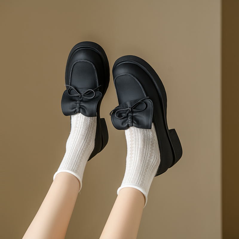 Retro Thick-Soled Slip-On Loafers for Women with Chunky Heels, Bowknot Detail, English Style, Genuine Leather, Spring 2024 Fashion