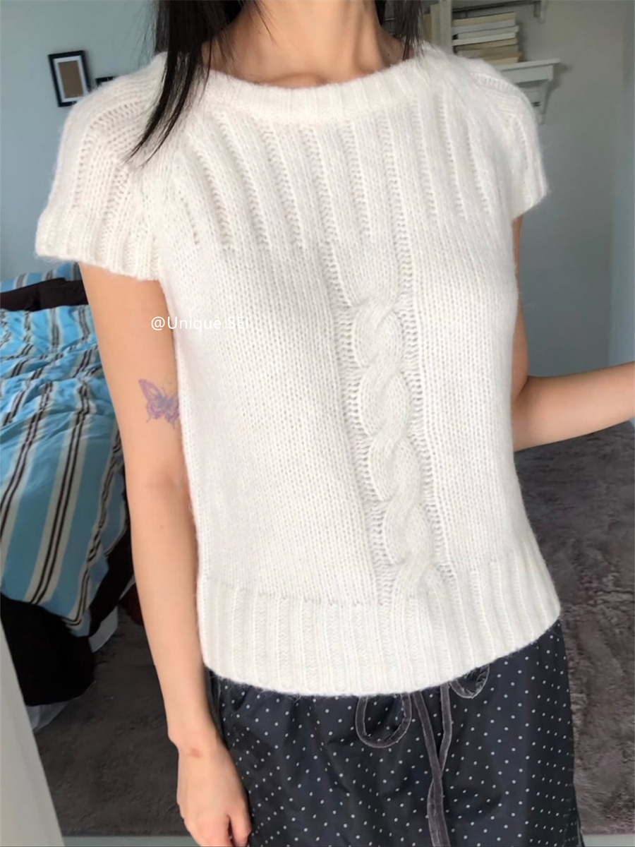 Retro Twisted Cable Slim-Fit Knitted Short Sleeve Top - Unique Versatile Style for Y2K Fashion Lovers
