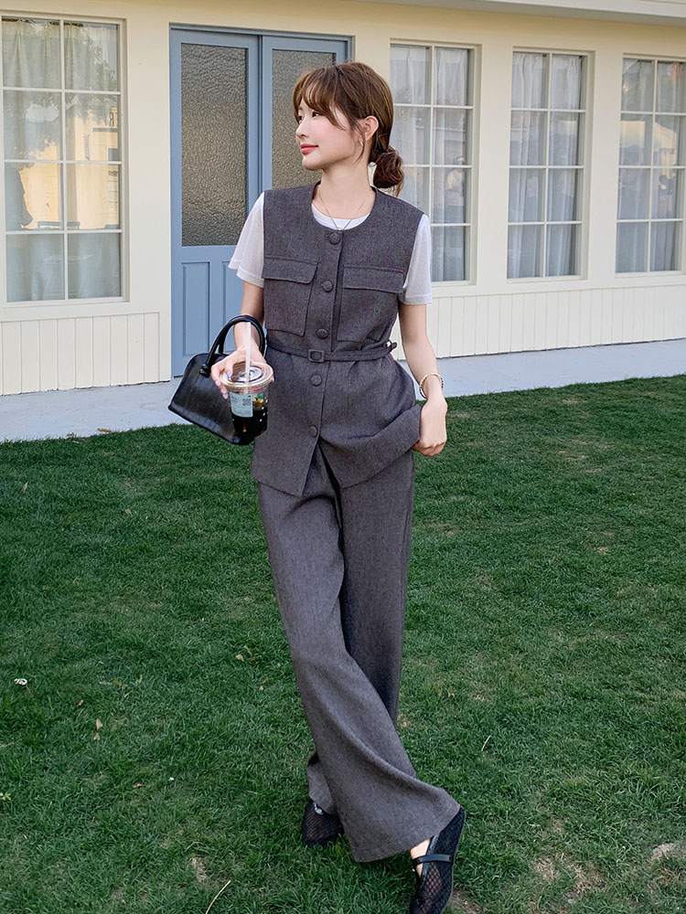 Retro Waist-Cinching Vest, Wide-Leg Pants & T-Shirt 3-Piece Set for Women - Summer 2025 High-End Fashion Outfit