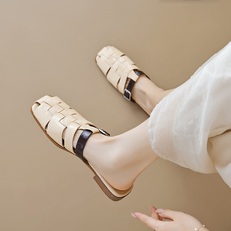 Retro Woven Open-Toe Half Slippers for Women - Summer Hollow Flat Roman Style Vacation Sandals