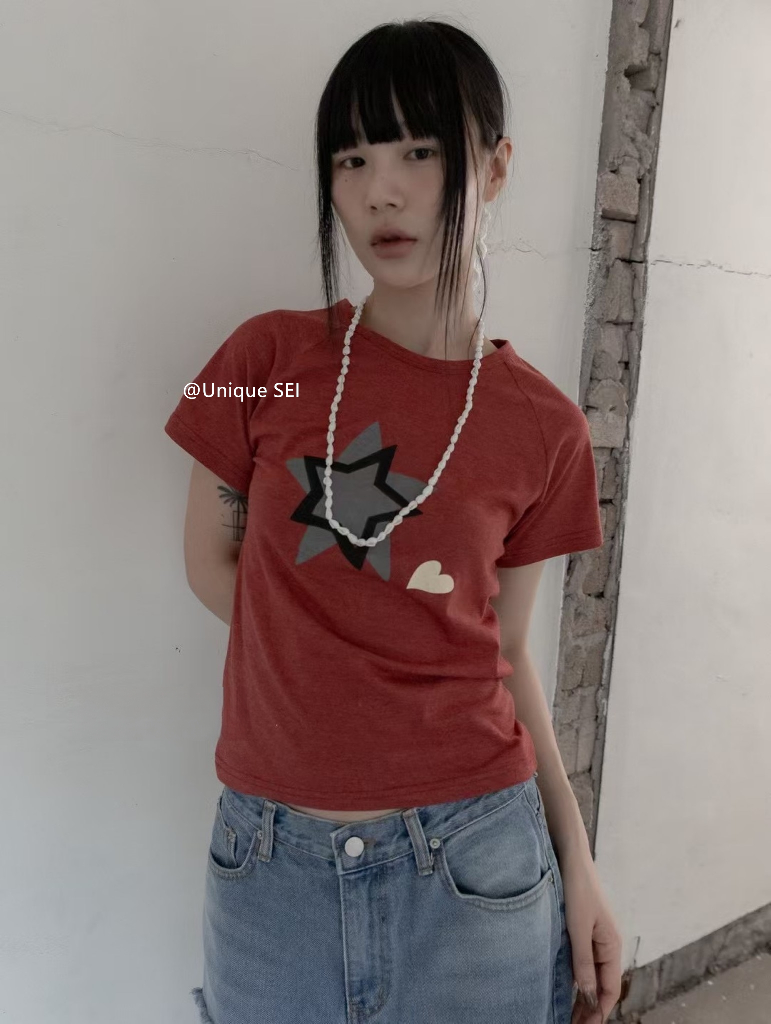 Retro Y2K Star Heart Raglan Short Sleeve T-Shirt in Apricot - Slim Fit Summer Casual Top