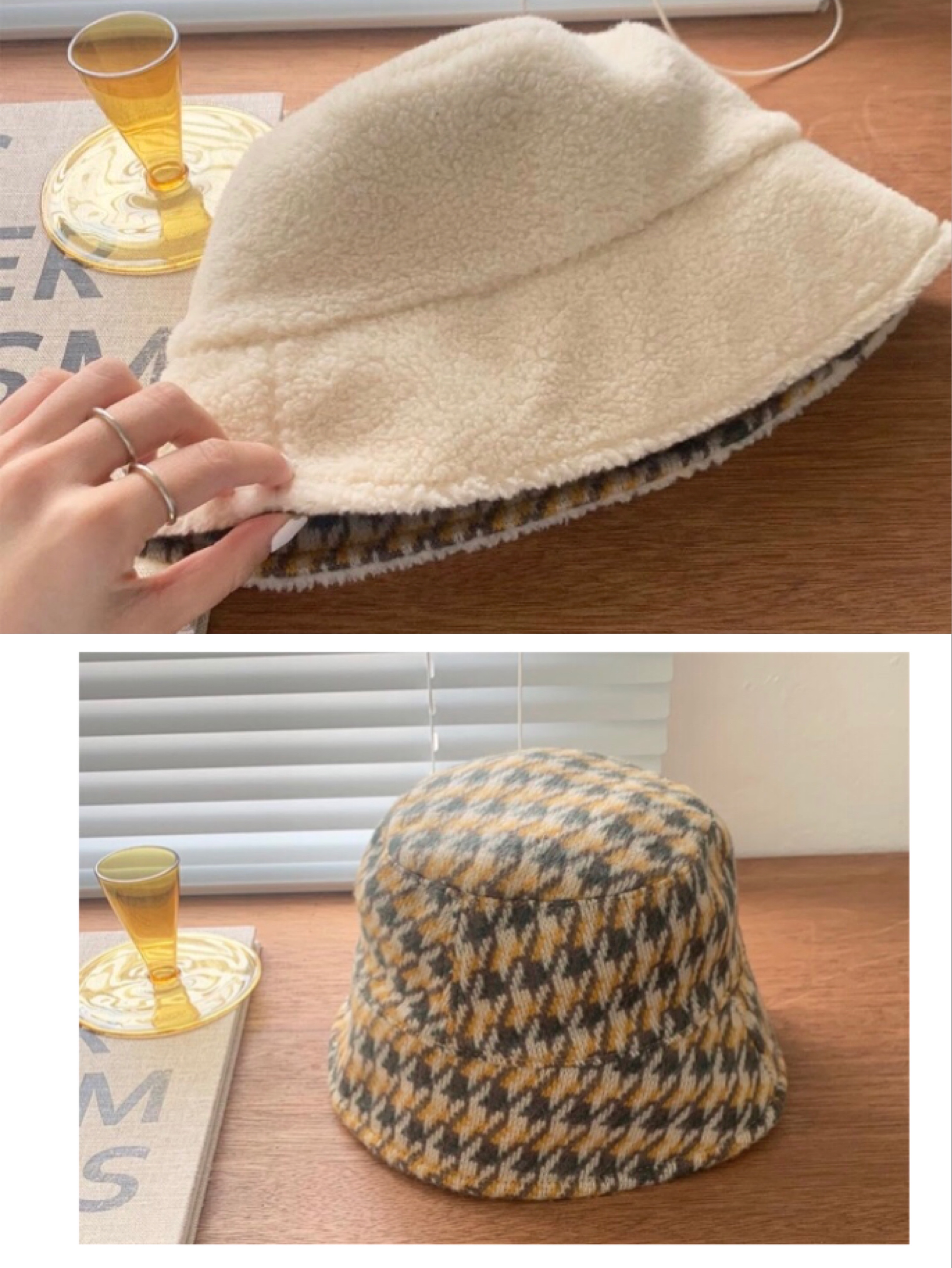 Reversible Milk White Checkered Fisherman's Bucket Hat - Y2K Korean Style for Winter Nights