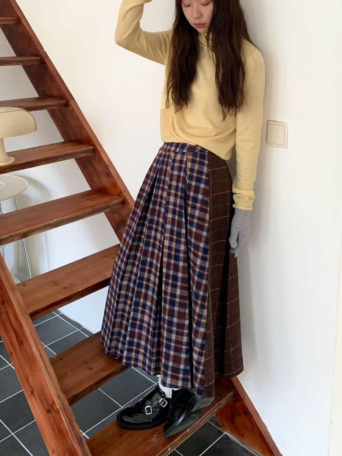 Reversible Plaid Patchwork Woolen Half Skirt in Retro Autumn Winter Style