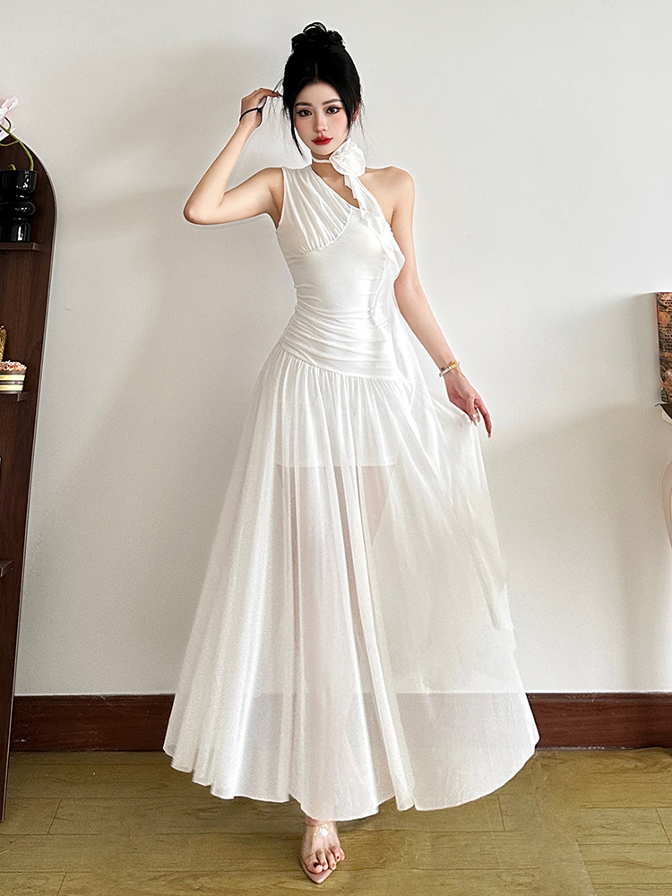Romantic Pure White Mesh Asymmetrical Shoulder Dress with Big Skirt - Women’s French Style Waist-Defining Long Dress