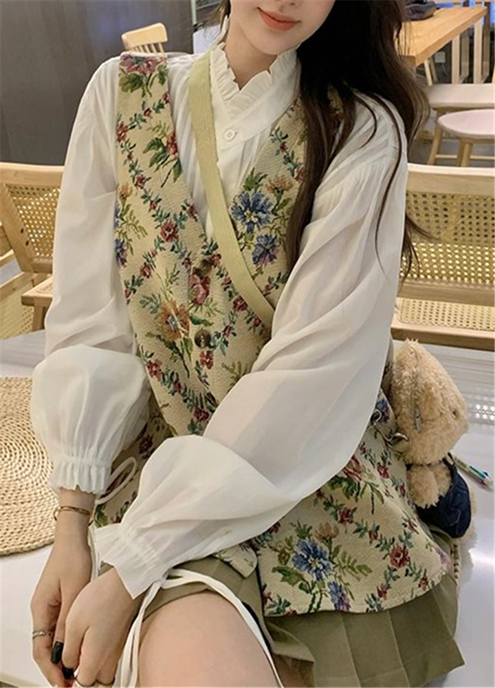 Romantic Vintage Floral Embroidered Vest Three-Piece Set, Autumn Layered Outfit with Tie-Up Shirt & A-Line Pleated Skirt