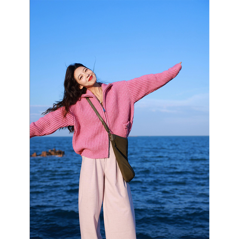 Rose Red Knitted Cardigan Sweater Coat - Autumn Winter Lazy Style Outerwear 2025, Trendy Y2K Fashion