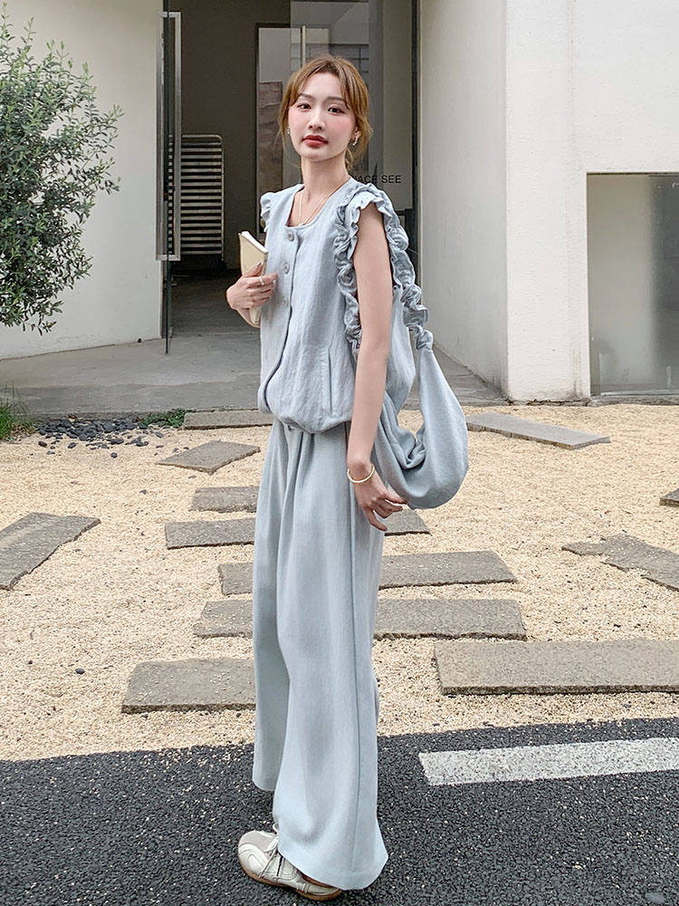 Round Neck Ruffled Edge Vest and Wide-Leg Pants Set for Women - 2025 Summer Lazy Style for Petite Figures, Two-Piece Outfit