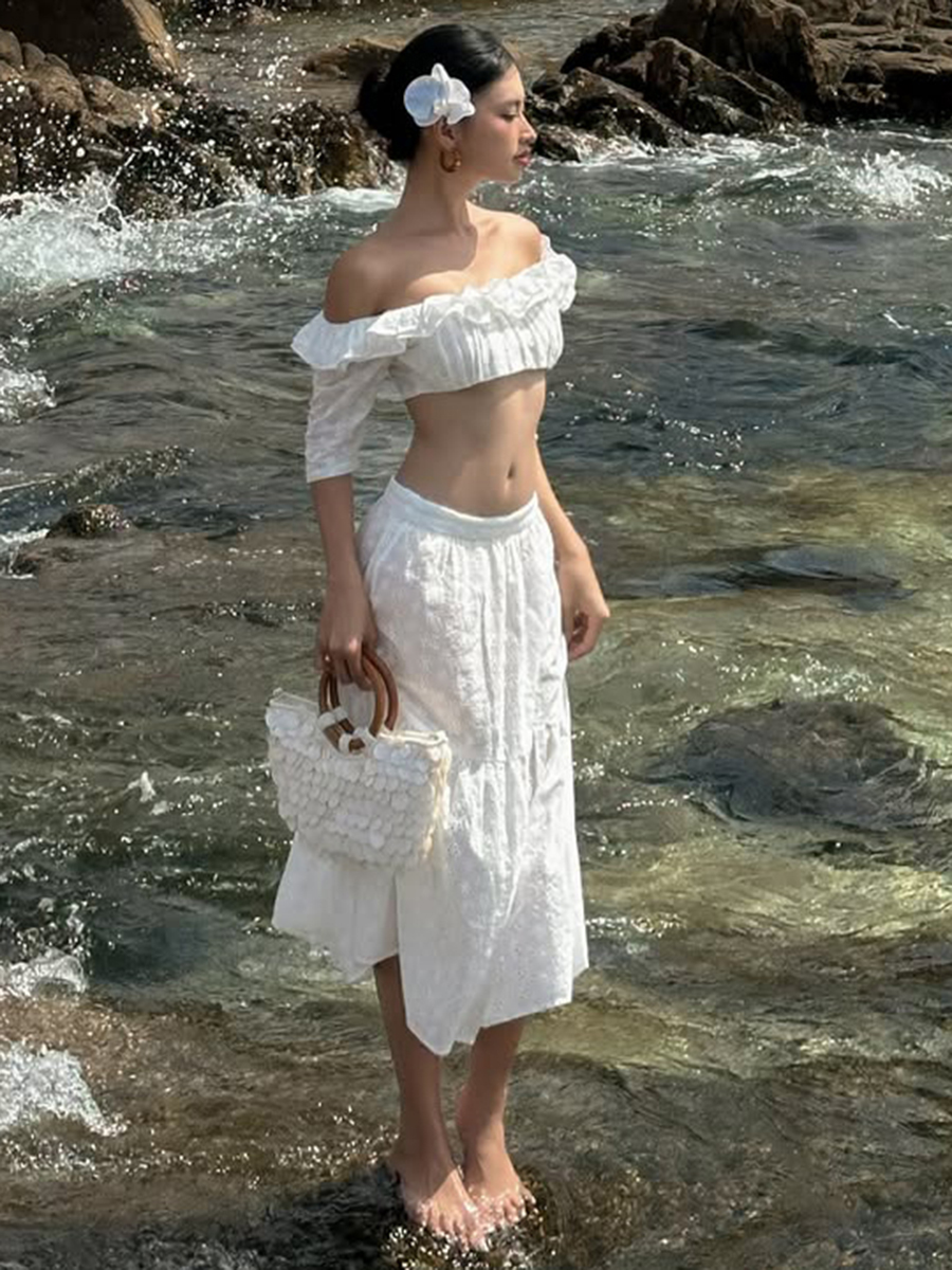 Ruffled One-Shoulder Top & Low-Waisted Jacquard Skirt Two-Piece Set for Women - Trendy Beach Look, Perfect for Summer Style