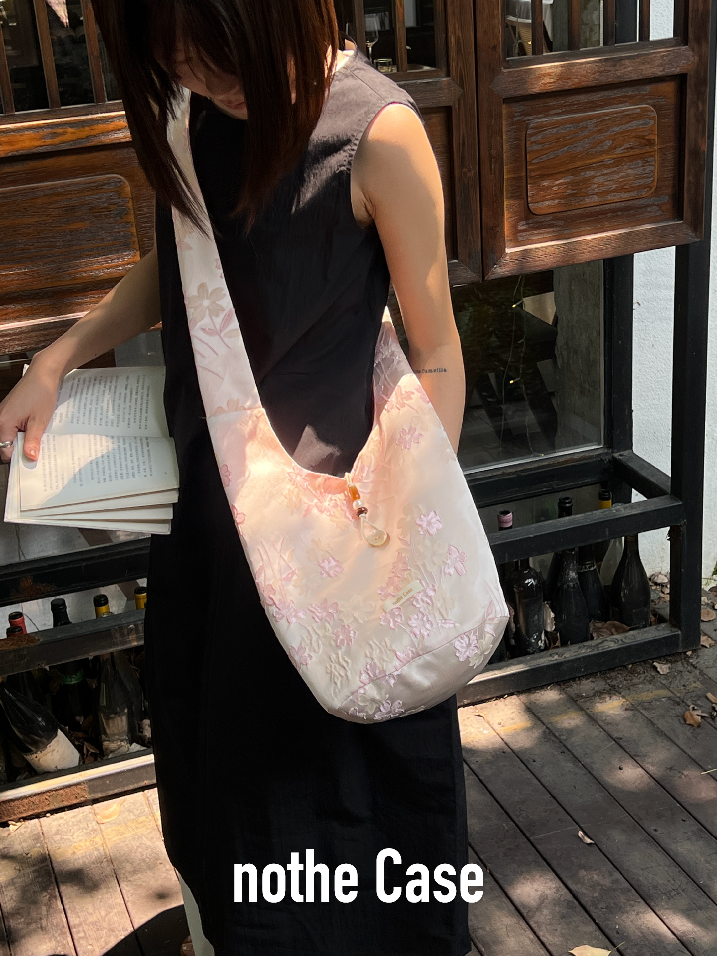 Sakura Wood Box Soft Canvas Bag - Double-Sided, Long Shoulder Strap, Chinese Style Crossbody Bag for Casual and Everyday Use
