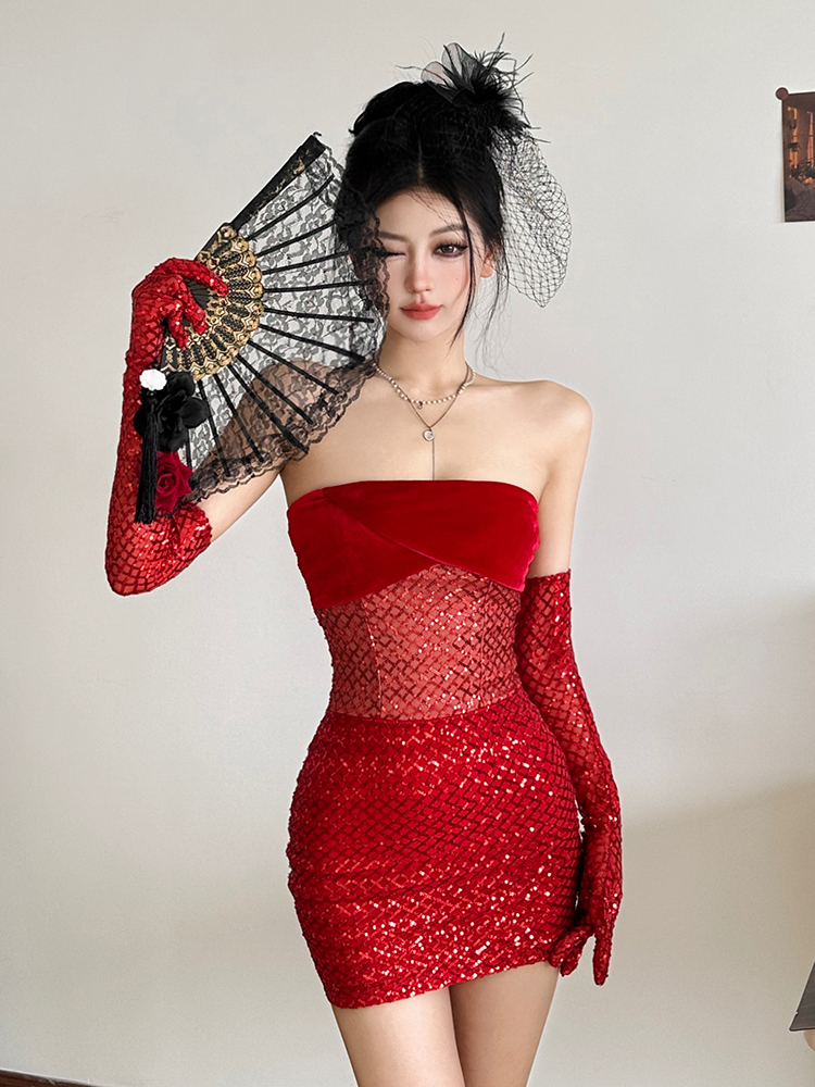 Sexy Glitter Hollow Out Strapless Dress for Women - Slim Fit Christmas Party Robe with Short Skirt and Unique Design