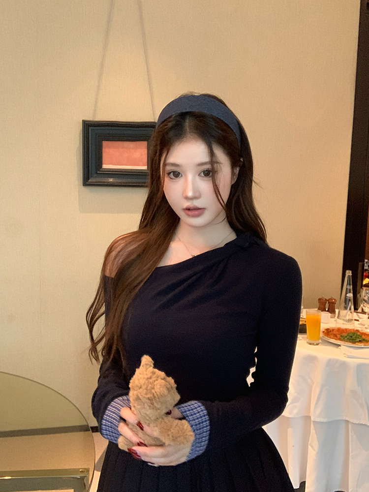 Sexy Off-Shoulder Irregular Plaid Patchwork Slim-Fit Long Sleeve Top for Women - Y2K Fashion Trend