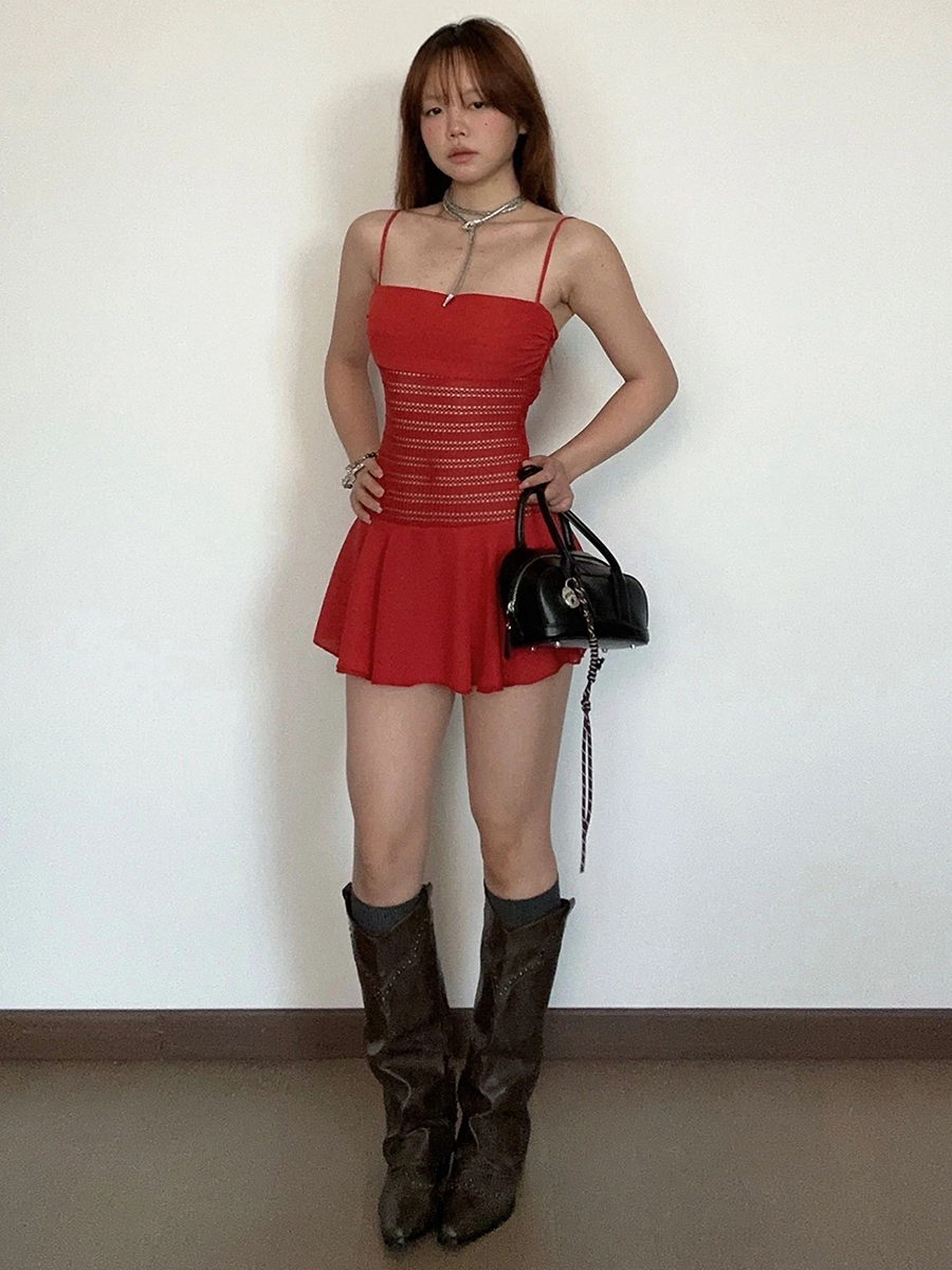 Sexy Red Hollow Out Spliced Camisole Dress for Women - French Slim Fit A-Line Style - Trendy Y2K Fashion