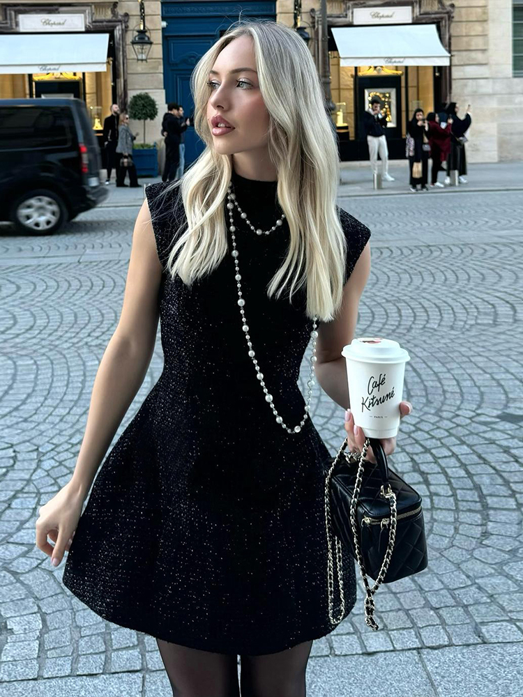 Shimmering Half-Turtleneck Backless Dress for Women - Slim High-Waisted Short Skirt, American Street Style, Y2K Fashion