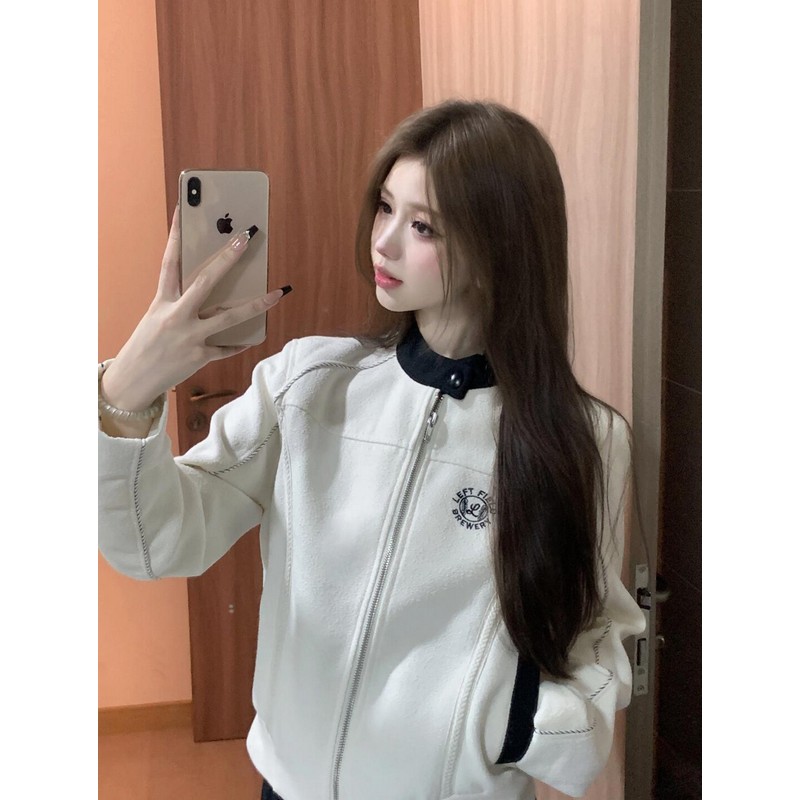 Short Embroidered Baseball Jacket for Women - Slim Fit Casual Cardigan Top, Winter Fashion Outerwear with Fragrance Style