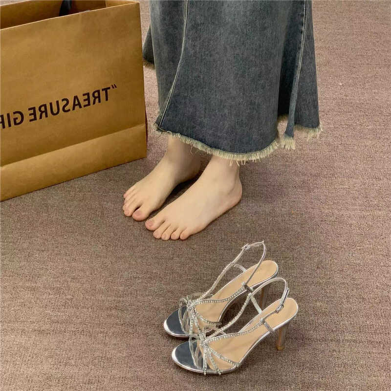 Silver Rhinestone High-Heeled Sandals for Women - Summer 2024 One-Strap Open-Toe Sexy Goddess Style