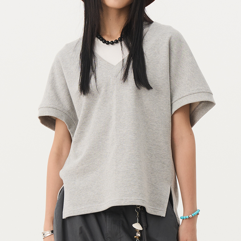 Simple Gray Pure Cotton Loop V-Neck Short Sleeve T-Shirt - Loose Versatile Essential for Autumn 2024 Fashion