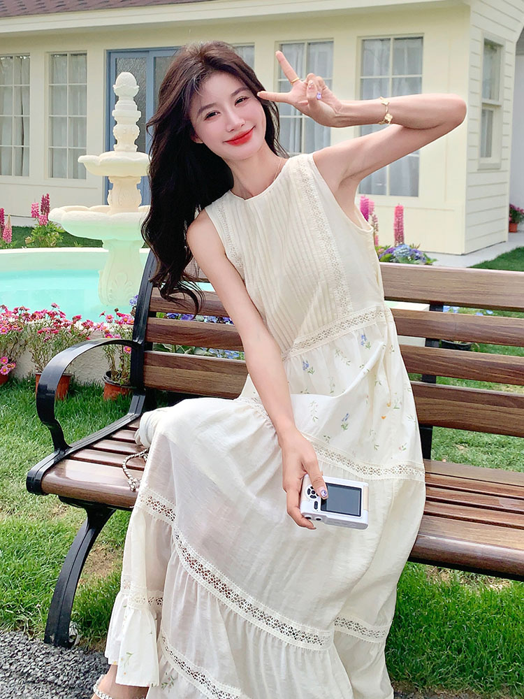 Sleeveless French Patchwork Printed Dress for Women - 2025 Summer Loose Vacation Style Tank Dress