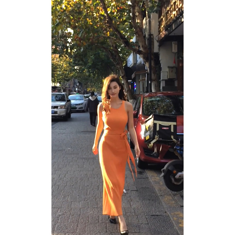 Sleeveless Knitted Dress with Split Hem, High-End Quality, Slim Fit, Elegant Temperament, Perfect for Y2K and Modern Styles