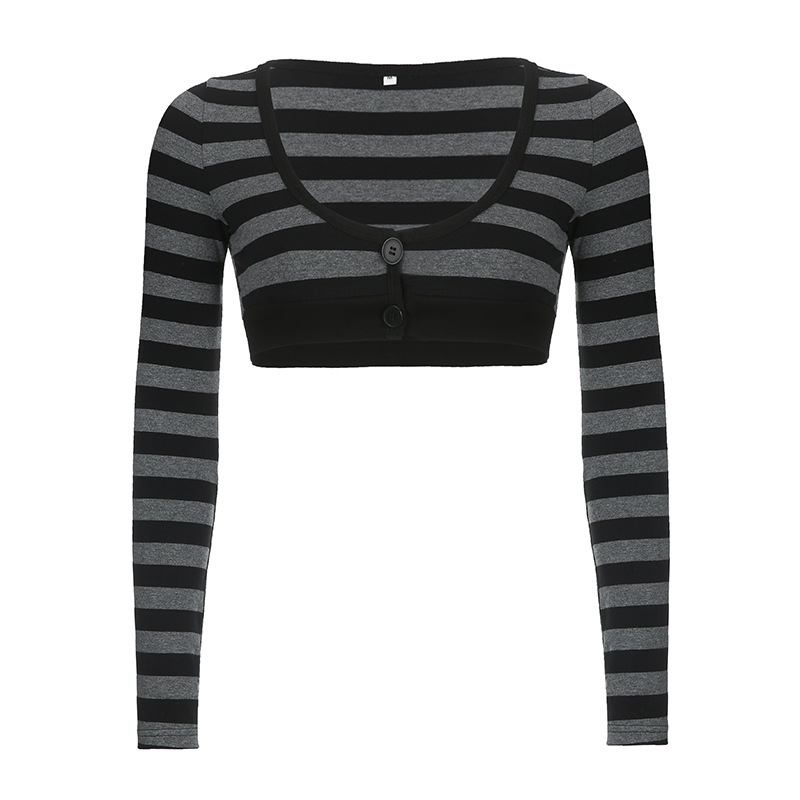 Slim-Fit Color-Blocking Cropped Striped Long Sleeve T-Shirt for Autumn & Winter Casual Style