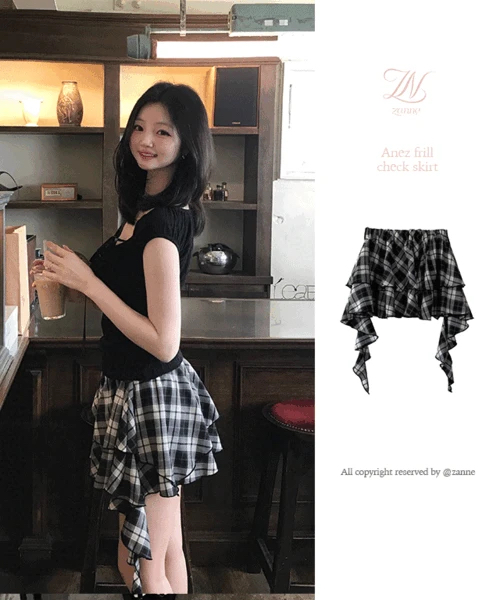 Slim-Fit Short Sleeve Ruffled Top with High-Waisted Checkered Skirt - Korean Style Spring/Summer 2025 Fashion