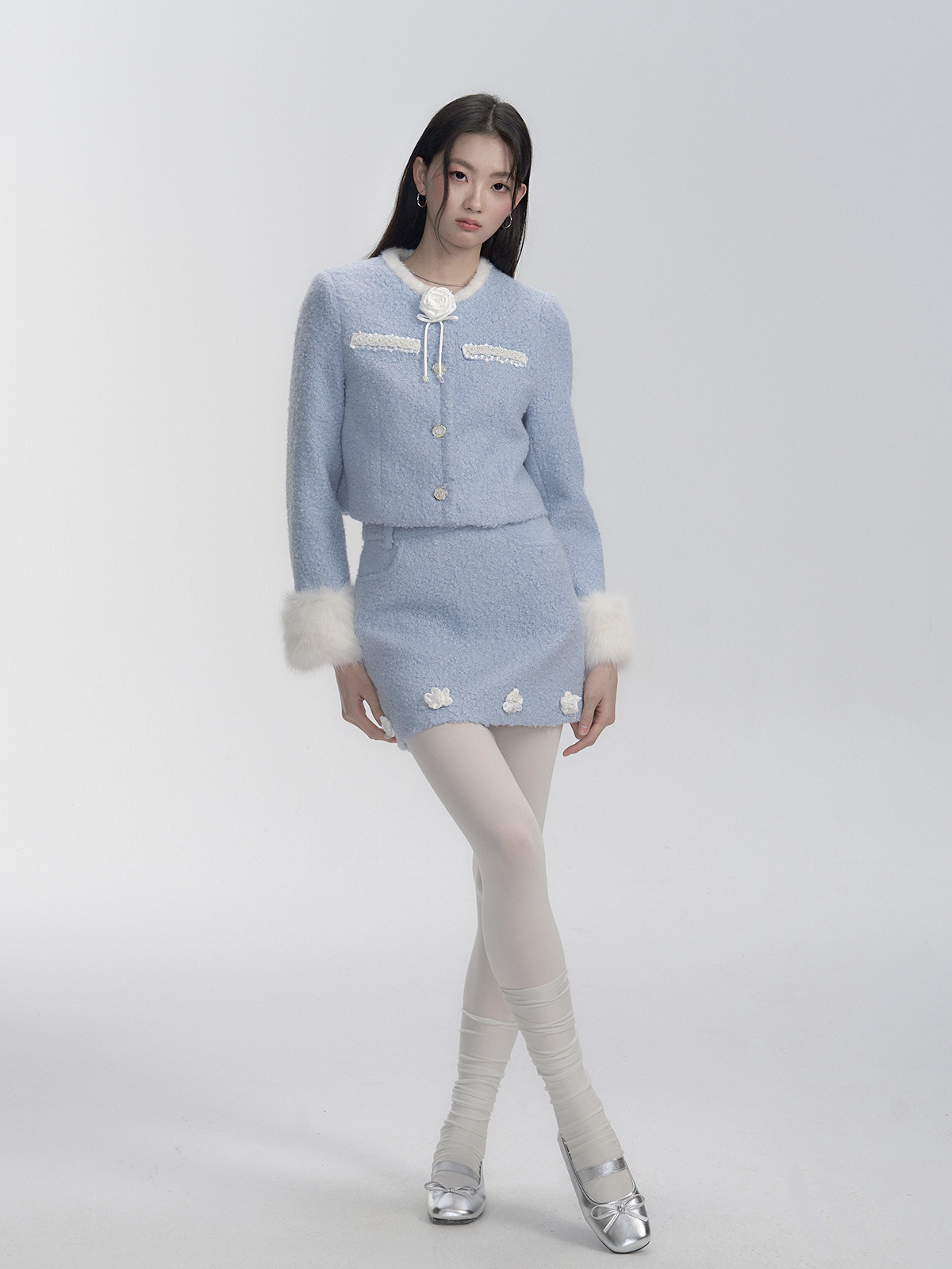 Snowy Romance High-End Three-Dimensional Floral Chanel Style Jacket and Skirt Two-Piece Set - Elegant Y2K Fashion
