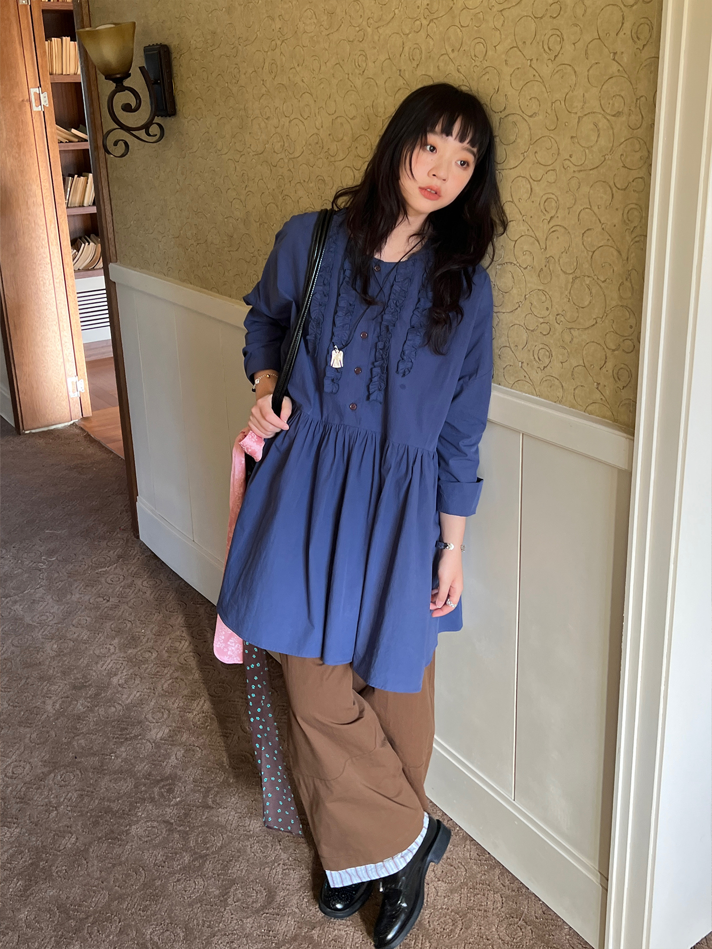 Soft Light Berlin Lace Trim Dress - Loose Fit Long Sleeve Solid Color Shirt Dress for Effortless Style, Perfect for 90s and Y2K Fashion