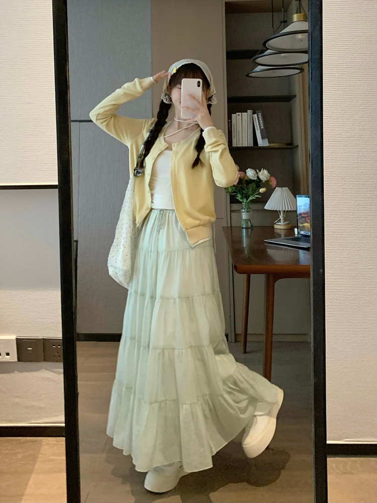 Soft Milk Yellow Cardigan Top Set for Women - Sweet Korean-Style Two-Piece Spring Outfit for a Cozy, Trendy Look