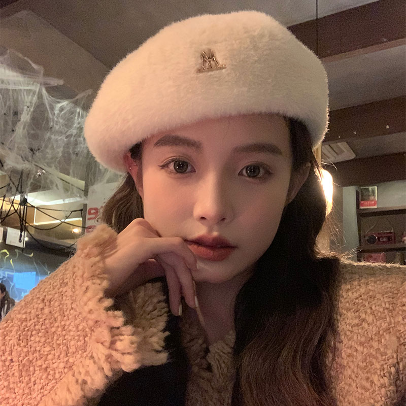 Solid Color Mink Fur Beret for Women - Plush Winter Painter Hat 2024, Face-Shaping Design, Trendy Y2K Fashion Accessory