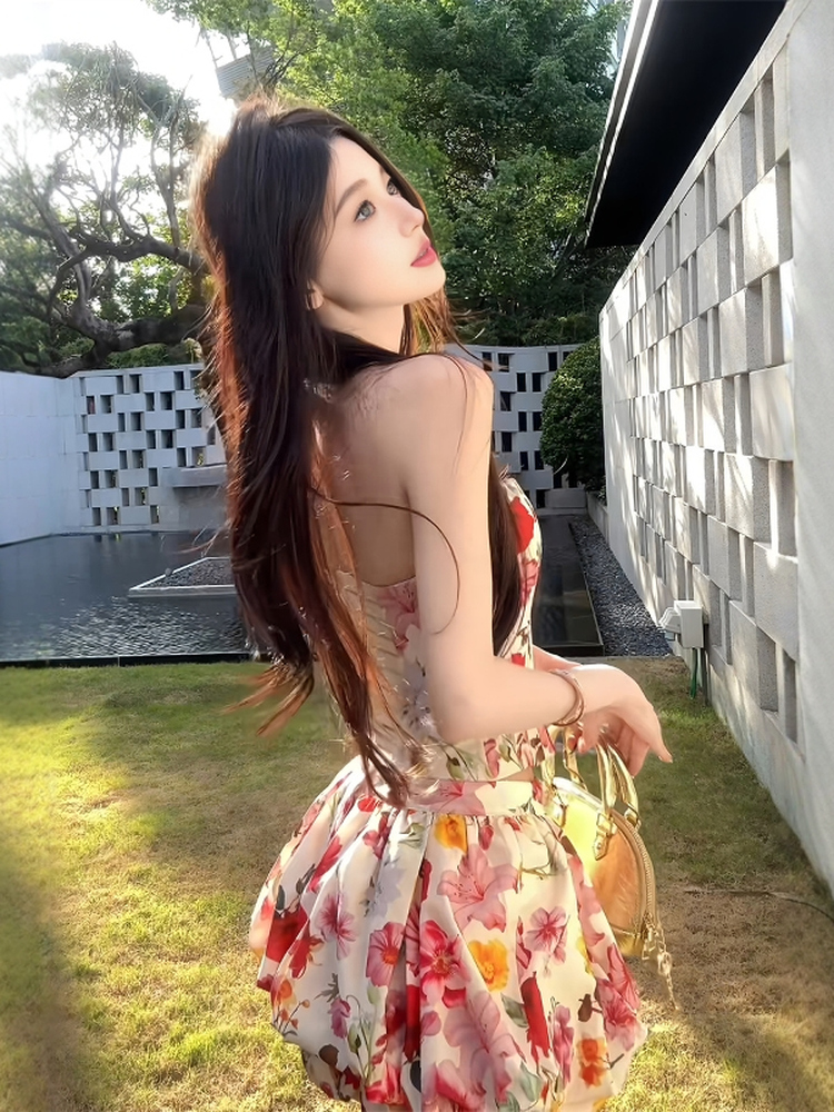 Spicy Girl Floral Strapless Dress - Summer High-End Waist-Cinching Slimming Short Skirt, Perfect for 90s and Y2K Styles