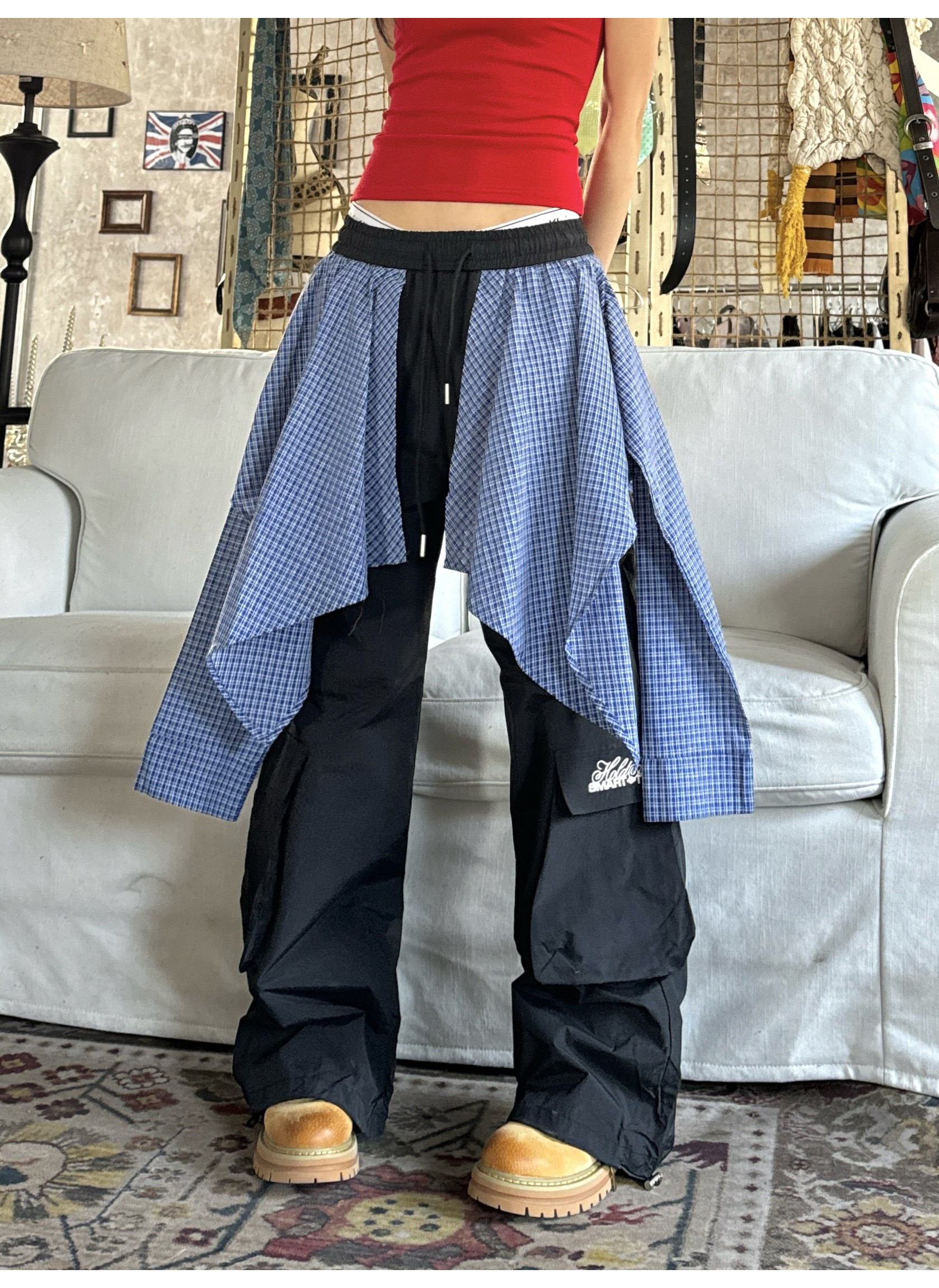 Spicy Heatstroke Vintage Plaid Spliced Wide-Leg Pants - Casual Hip-Hop Street Style Loose Fit