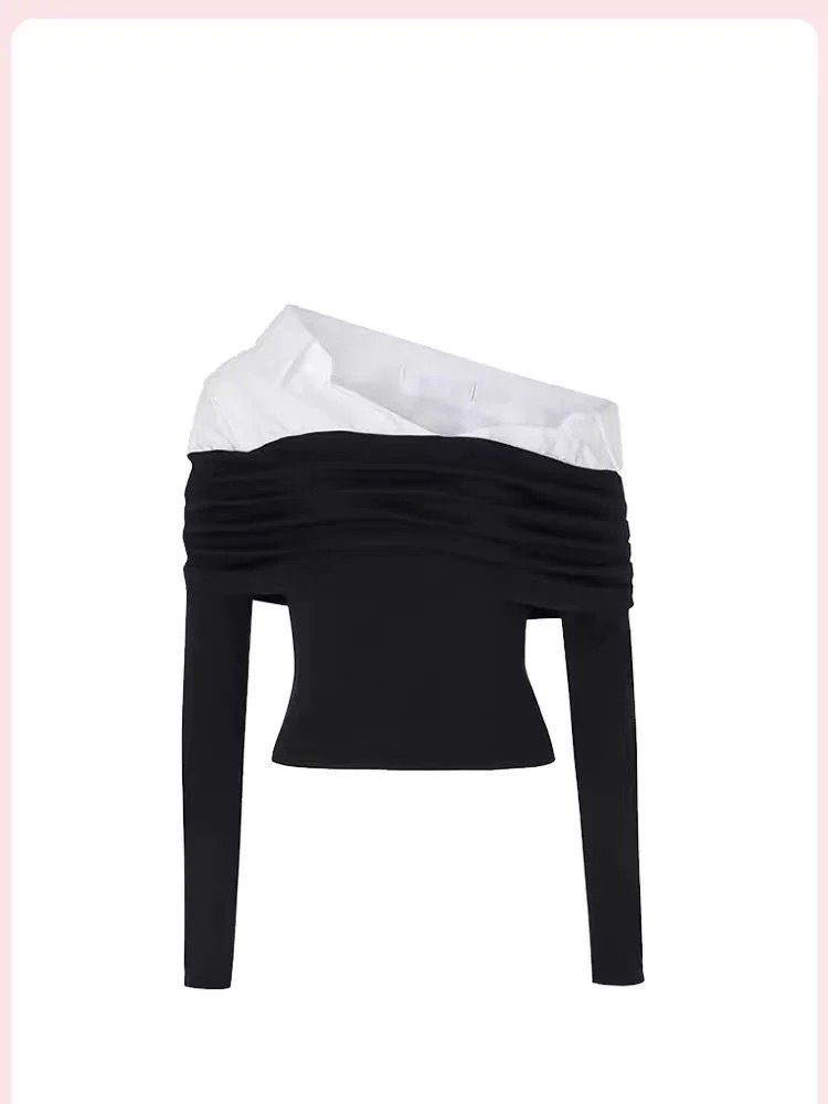 Spliced Off-Shoulder Long Sleeve T-Shirt - NOT YOUR ROSE Design, Trendy Y2K Style, Floral Print, Fashionable Casual Wear