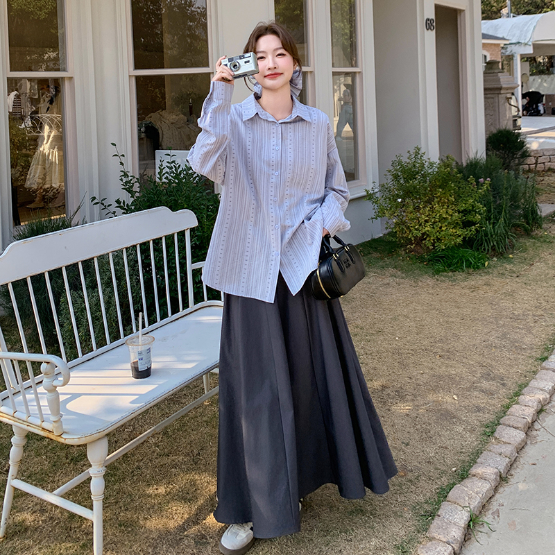Spring 2025 Striped Shirt and Skirt Two-Piece Set for Women, Elegant Korean Style, High-Quality Fashion Outfit