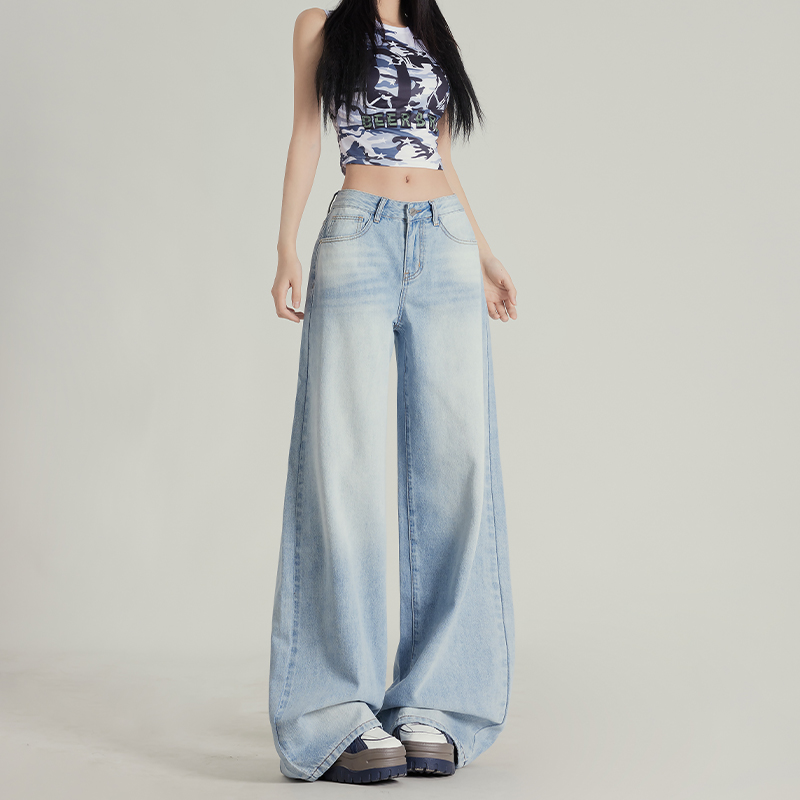 Spring 2025 Women's Wide-Leg Jeans, Loose Slimming Fit for Pear-Shaped Figures, Straight-Leg Floor-Length Style
