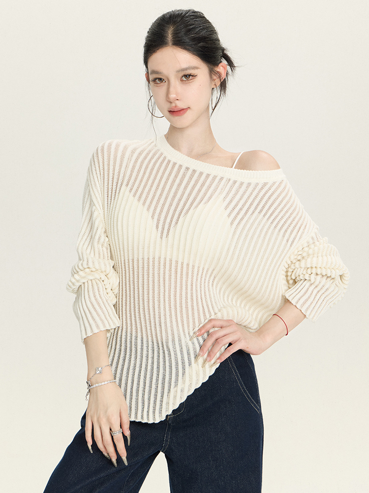 Spring Summer Striped Sheer Long Sleeve Sweater Top - Loose Slimming Paper Doll Design