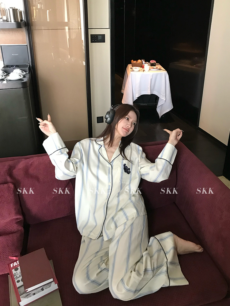 Spring Women's Urban Striped Pajama Set with Small Lapel - Comfortable Lycra Tencel Homewear for Relaxed Living