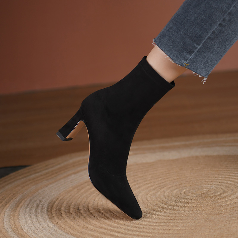 Square Toe Chunky Heel Elastic Slim Ankle Boots for Women - Stylish Spring Autumn High-Heeled Sock Boots