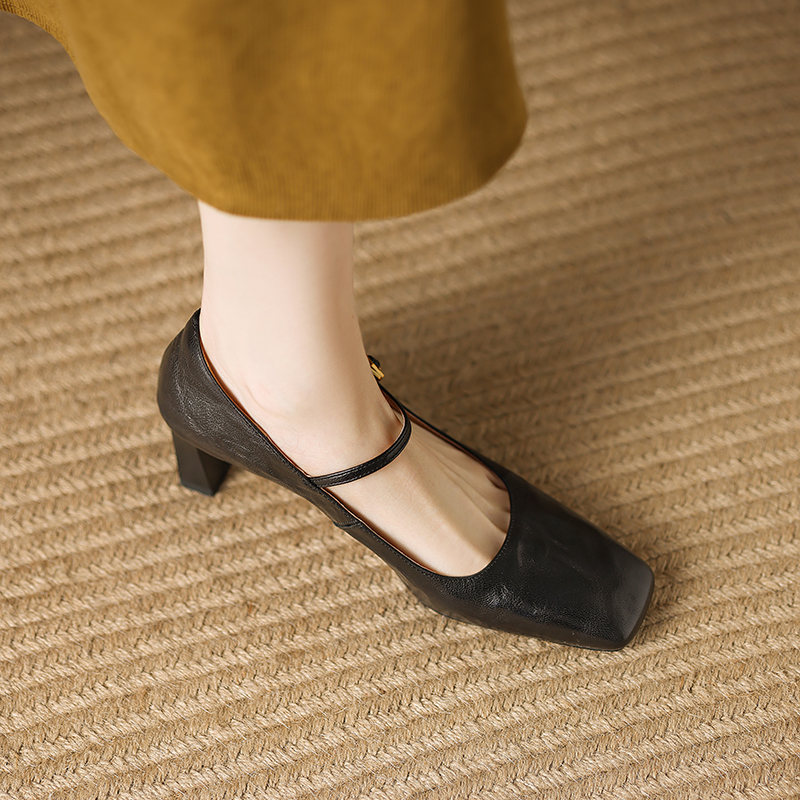 Square-Toe Chunky Heeled Mary Jane Shoes for Women - Niche French Style, Genuine Leather, Wide Strap, Shallow Mouth Design