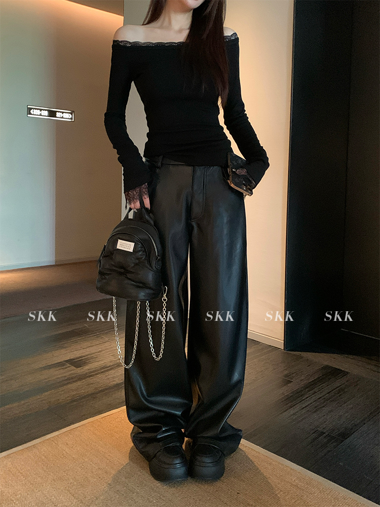 Straight Slim Black PU Leather Pants - Loose Fit Wide Leg Casual Trousers for Spring - 90s Inspired Street Style
