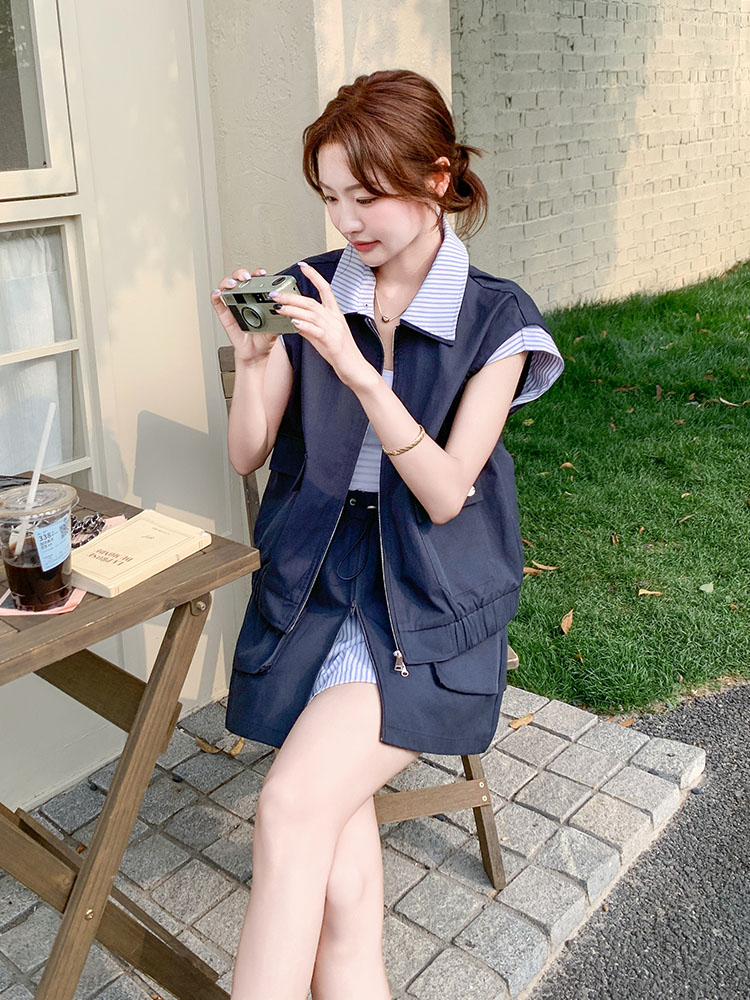Striped Spliced Workwear Lapel Vest and Skirt Set for Women - 2025 Summer College Style Two-Piece Outfit