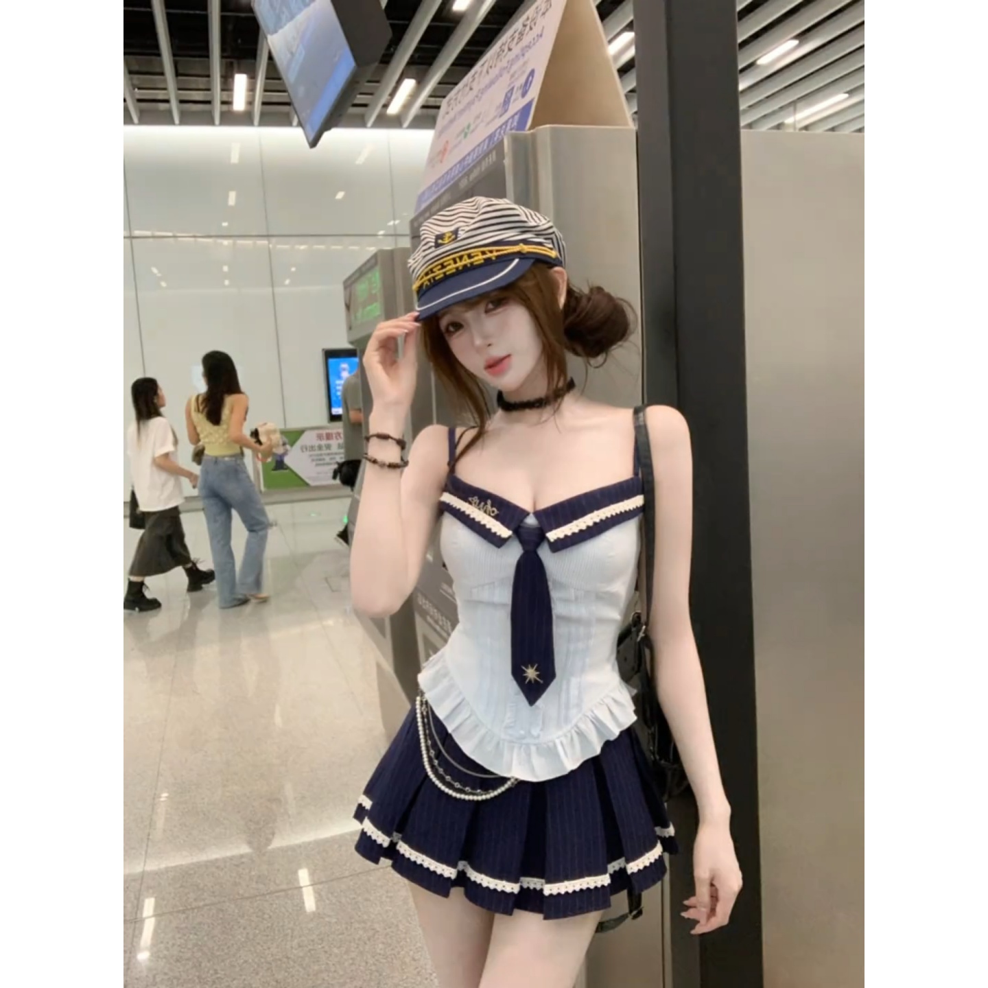Stylish Women's Summer JK Uniform Set - Sexy Camisole Top & Blue Pleated Skirt - College Style Two-Piece Outfit