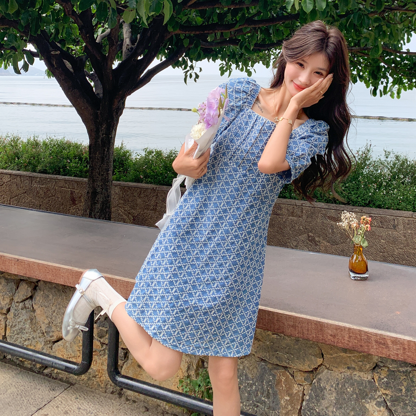 Summer 2025 Women's Square Collar Plaid Embroidered A-Line Dress with Puff Sleeves - High-End Mid-Length Tea Dress