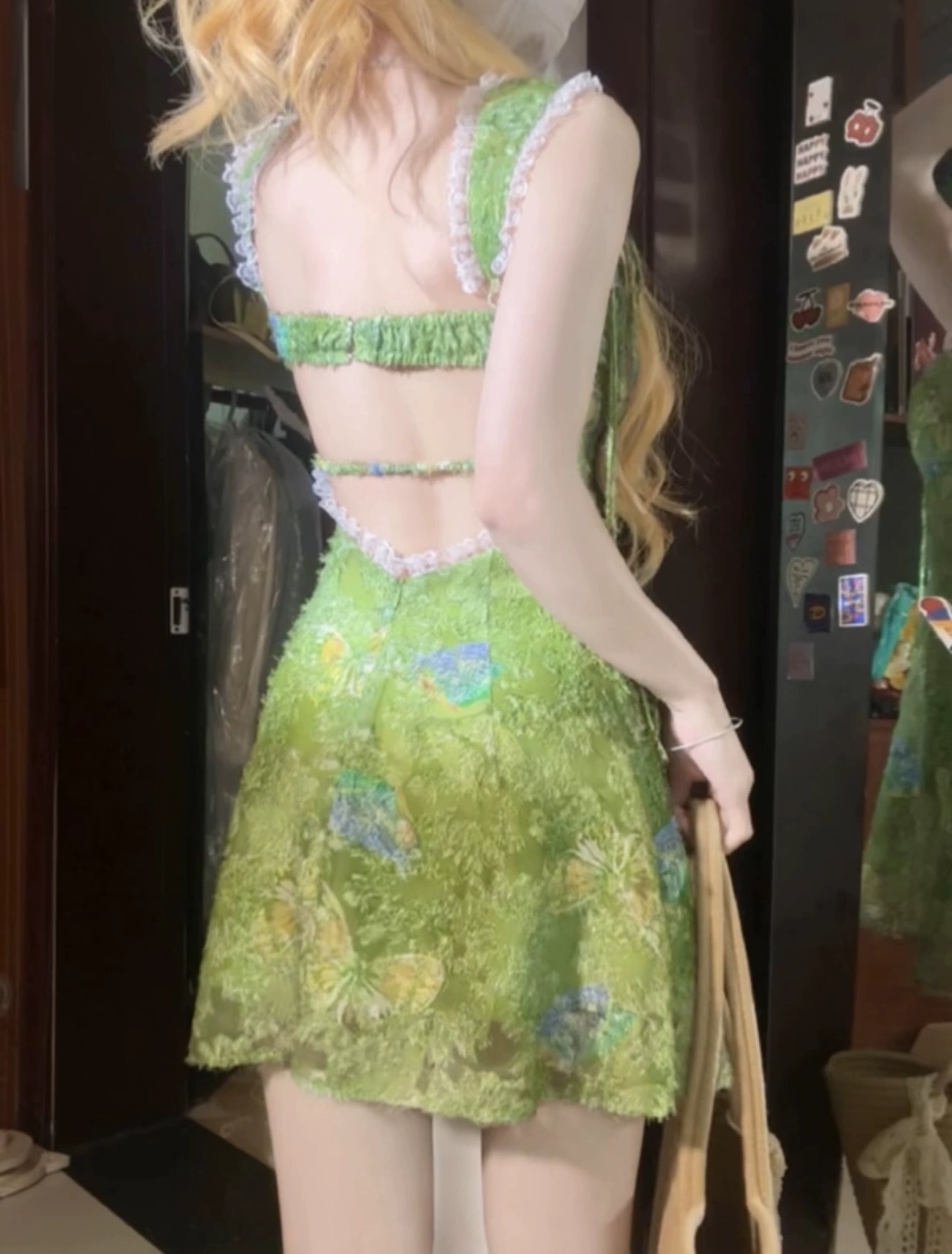 Summer Green Wild Fairy Tale Backless Dress for Women - Lace Splicing, Slimming Waist, Short Skirt, Y2K Style