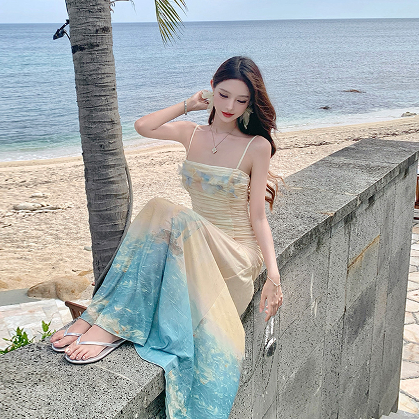 Summer Island Vacation Long Dress - French-Style Spaghetti Strap, Gradient Color, Waist-Cinching Slimming Mermaid Dress