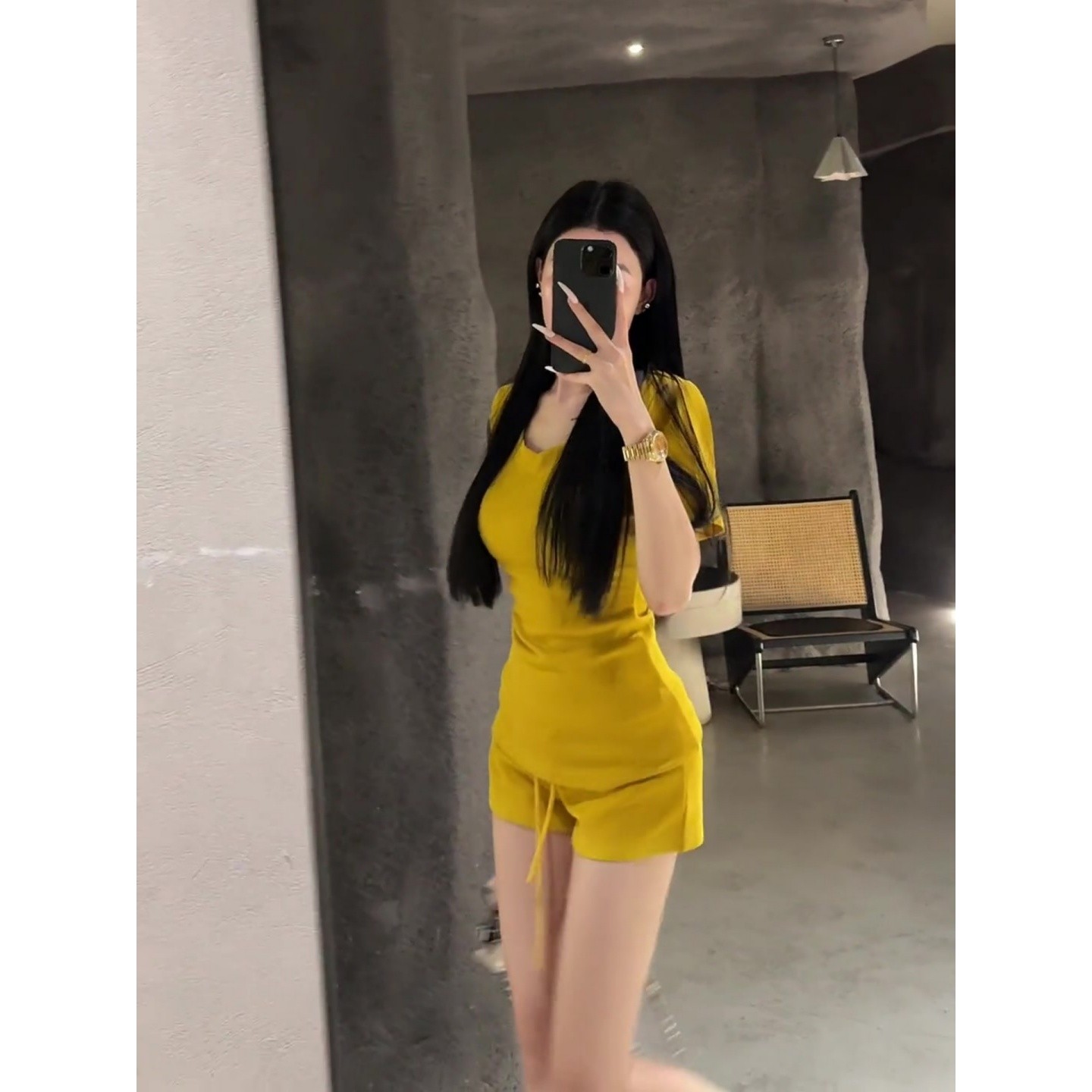 Summer Korean Leisure Sports Suit for Women, Yellow Short-Sleeve Top with Shoulder Design & High-Waisted Shorts, Two-Piece Set