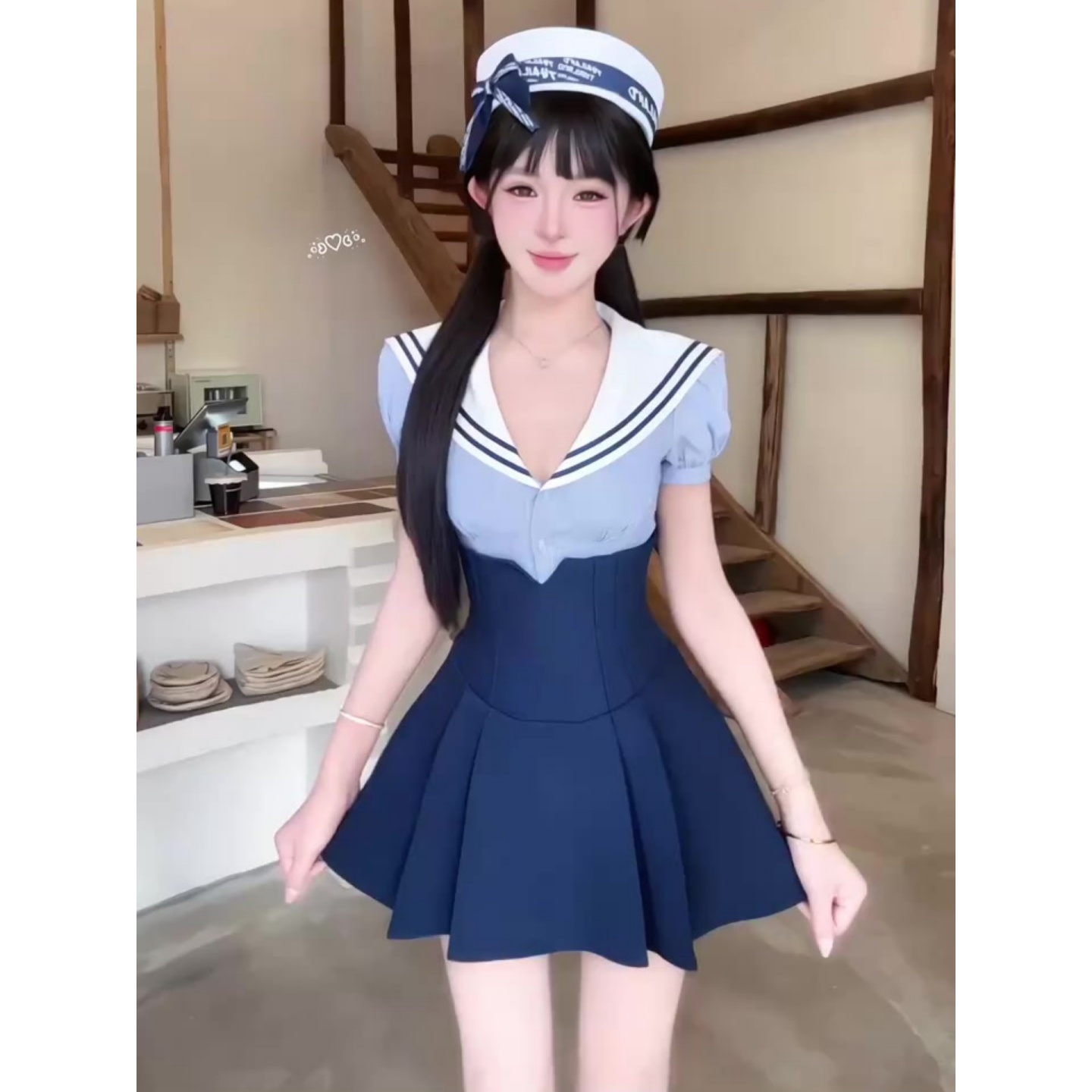 Summer Navy Collar Sailor Top & High-Waisted Pleated Skirt College Uniform Set for Women - Y2K Style