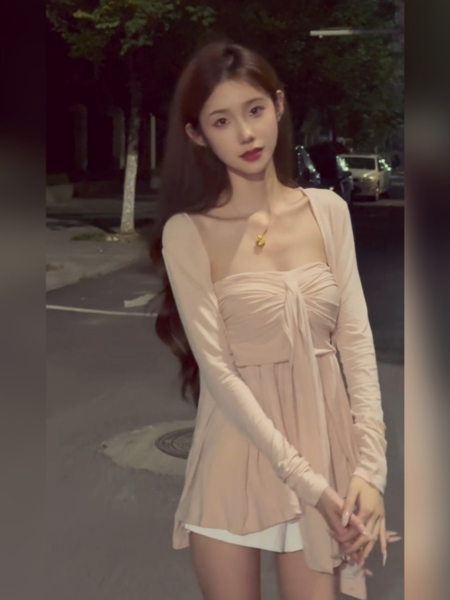 Summer Pink Strapless Top and Long Sleeve Cardigan Two-Piece Set for Women - Lightweight, Sun Protection, Trendy Summer Fashion