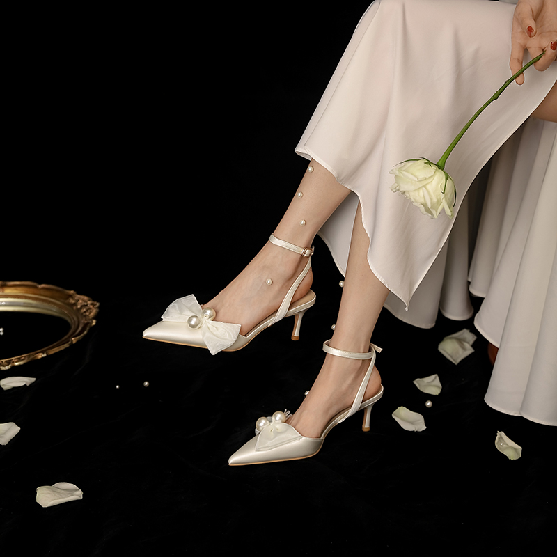 Summer Wedding Shoes for Women, Bow High Heels, One-Strap Closed-Toe Sandals, Fairy Style, Comfortable Bride Footwear
