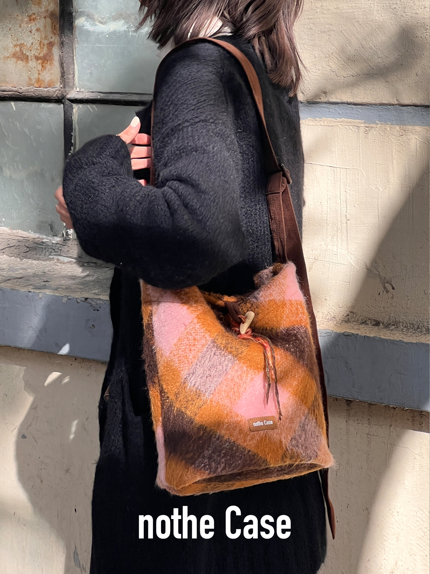 Sunset Orange High-Quality Woolen Plaid Large Capacity Crossbody Tote Bag - Stylish Commuter Bucket Bag for Everyday Use